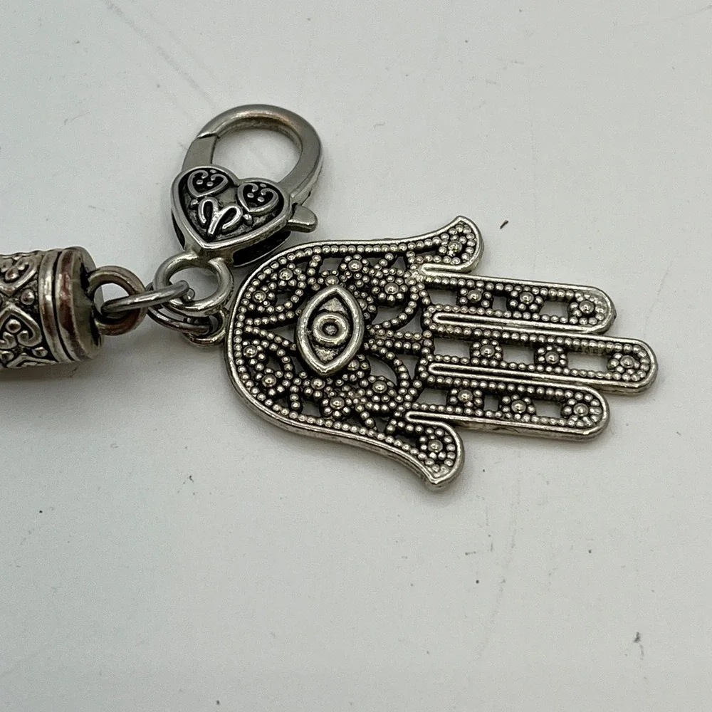 Hamsa‎ Hand Charm Evil Eye Bracelet Silver Tone Braided Chain Heart Clasp Womens